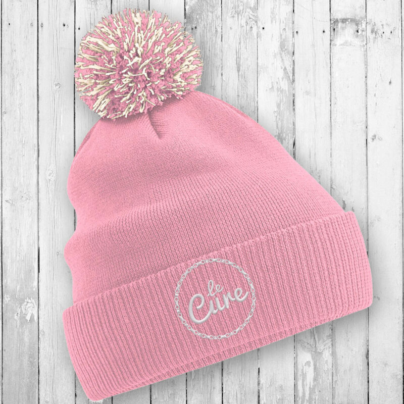 Embroidered Bobble Hat - Dusty Pink Thumbnail